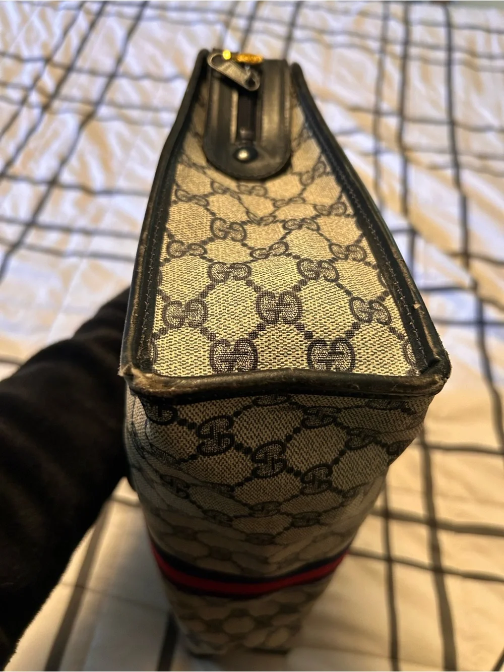 Gucci GG Supreme Briefcase Tote in Beige with Blue and Red Stripe